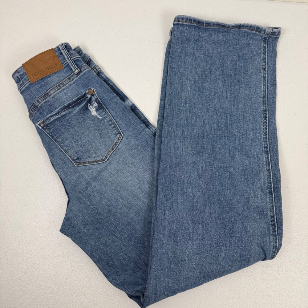 Judy‎ Blue High Waisted Distressed Straight Leg Jeans Blue Med Wash JB88785 1/25